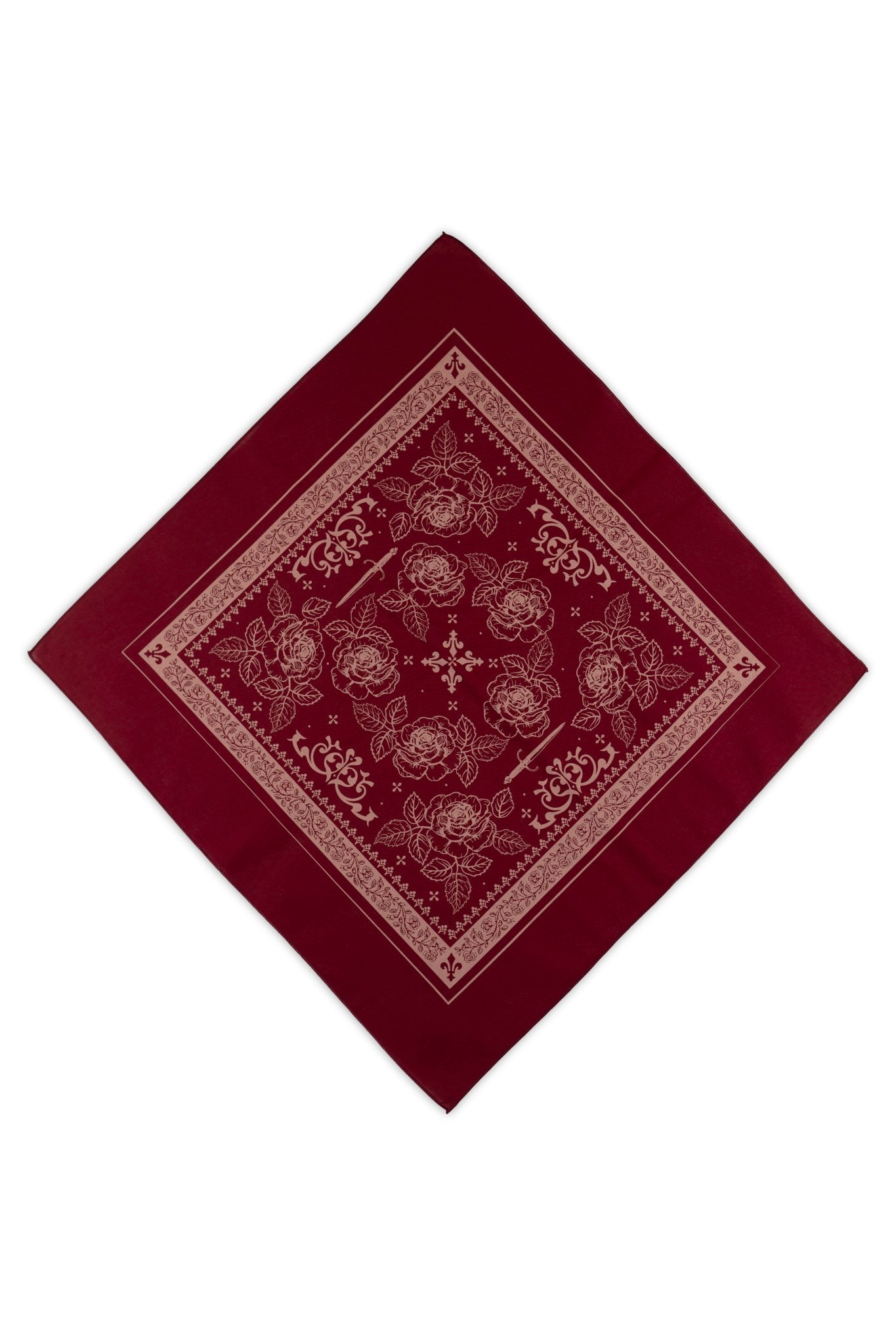 Red bandana with white floral patterns on a white background