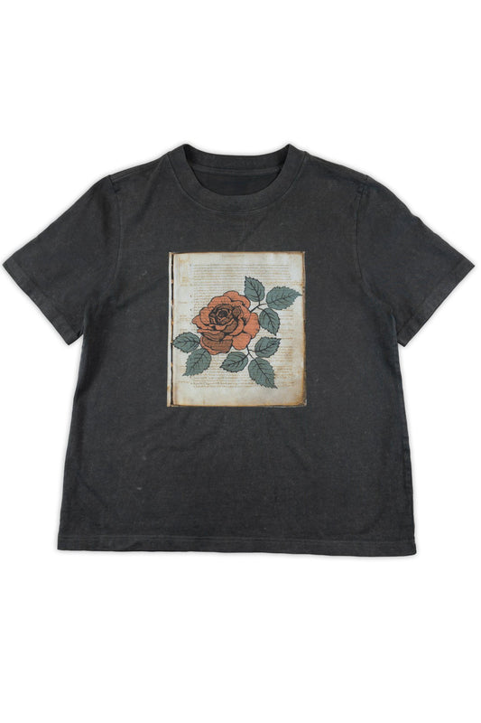 Black t-shirt with a floral design on a white background
