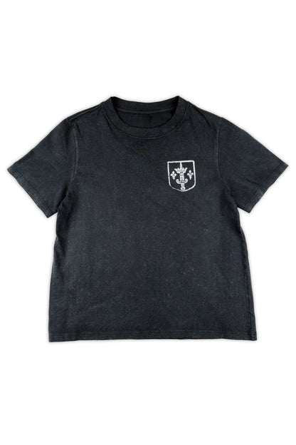 Black t-shirt with a white emblem on a white background