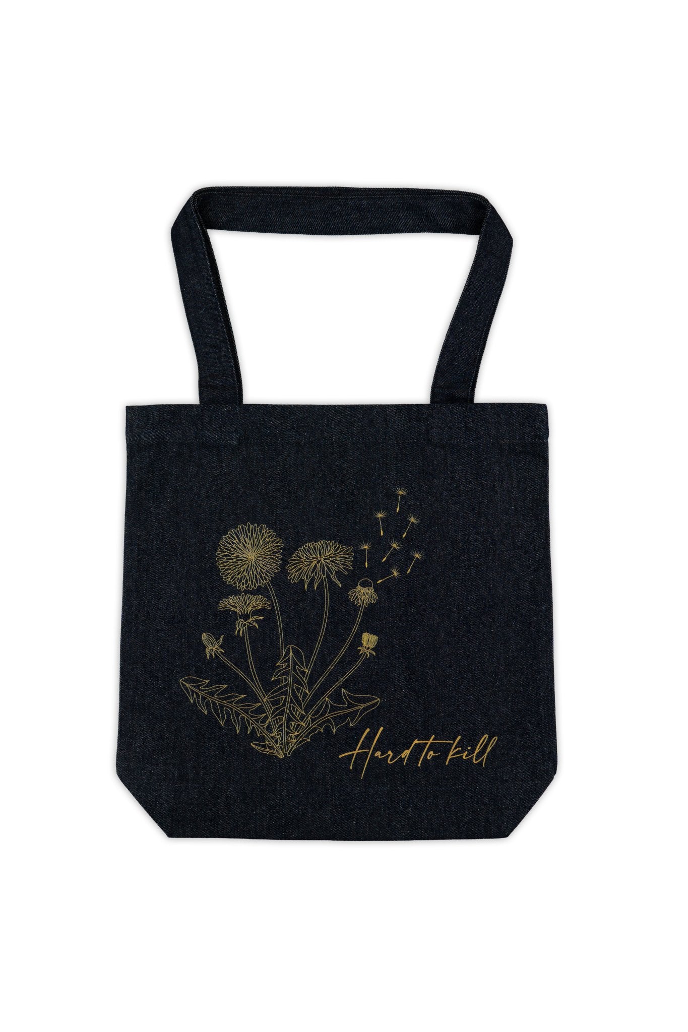 Blue denim tote bag with dandelion design and 'Hard to Kill' text on a white background