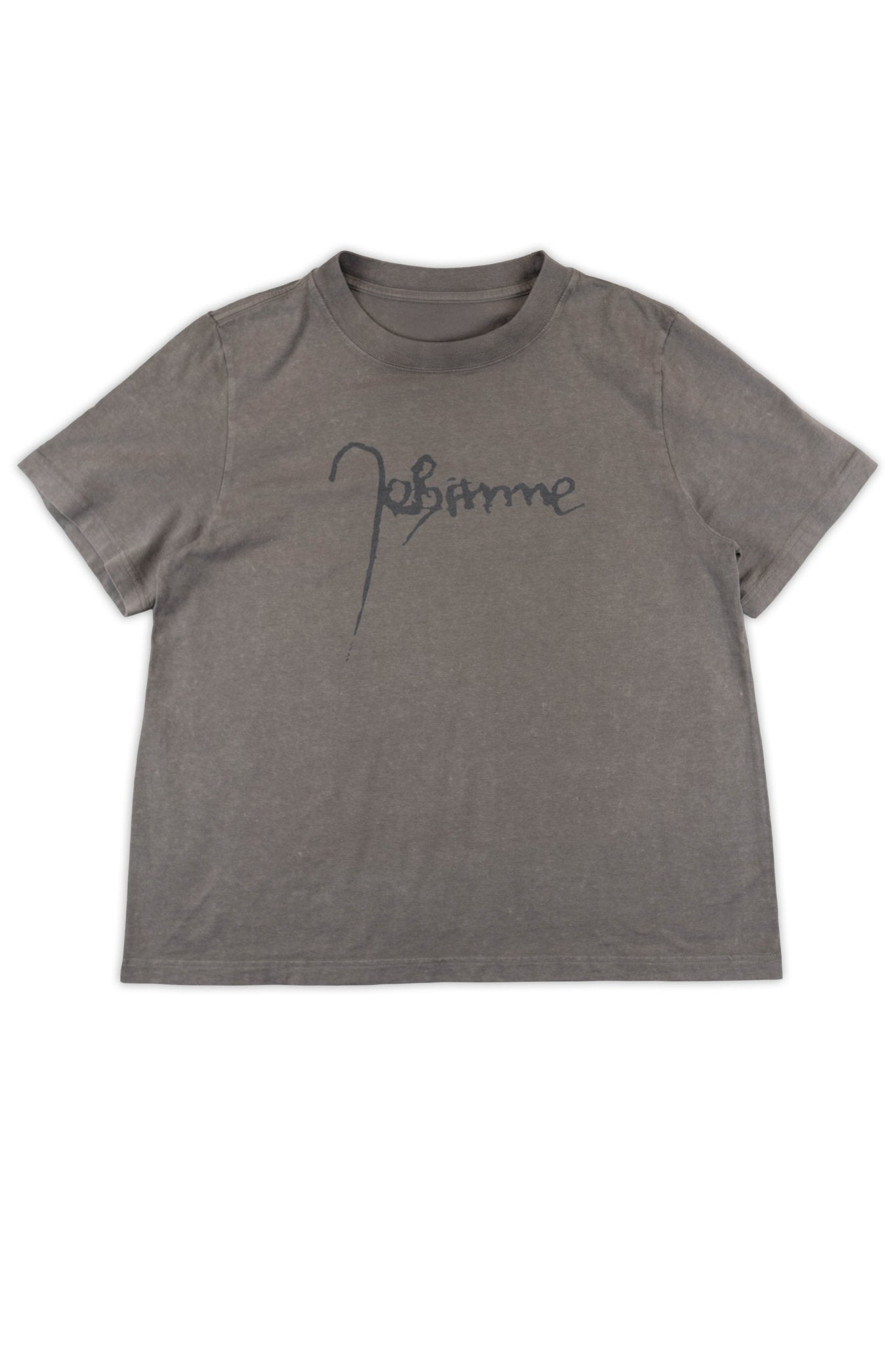 Gray t-shirt with Joan of Arc signature on a white background