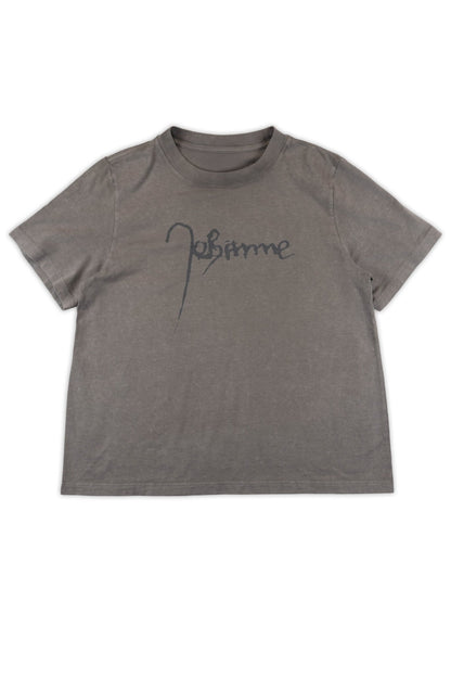 Gray t-shirt with Joan of Arc signature on a white background