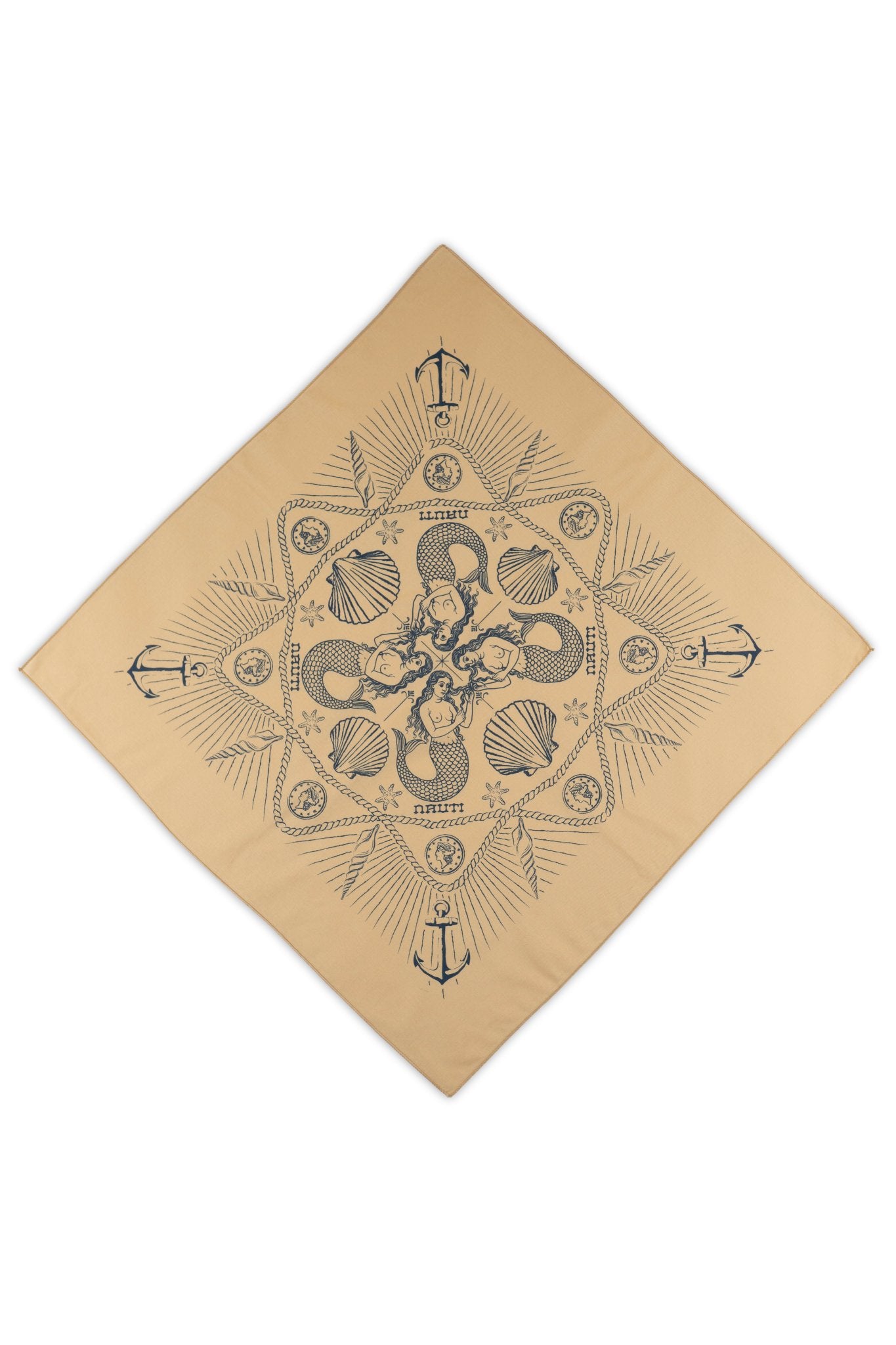 Beige bandana with navy blue nautical designs on a white background