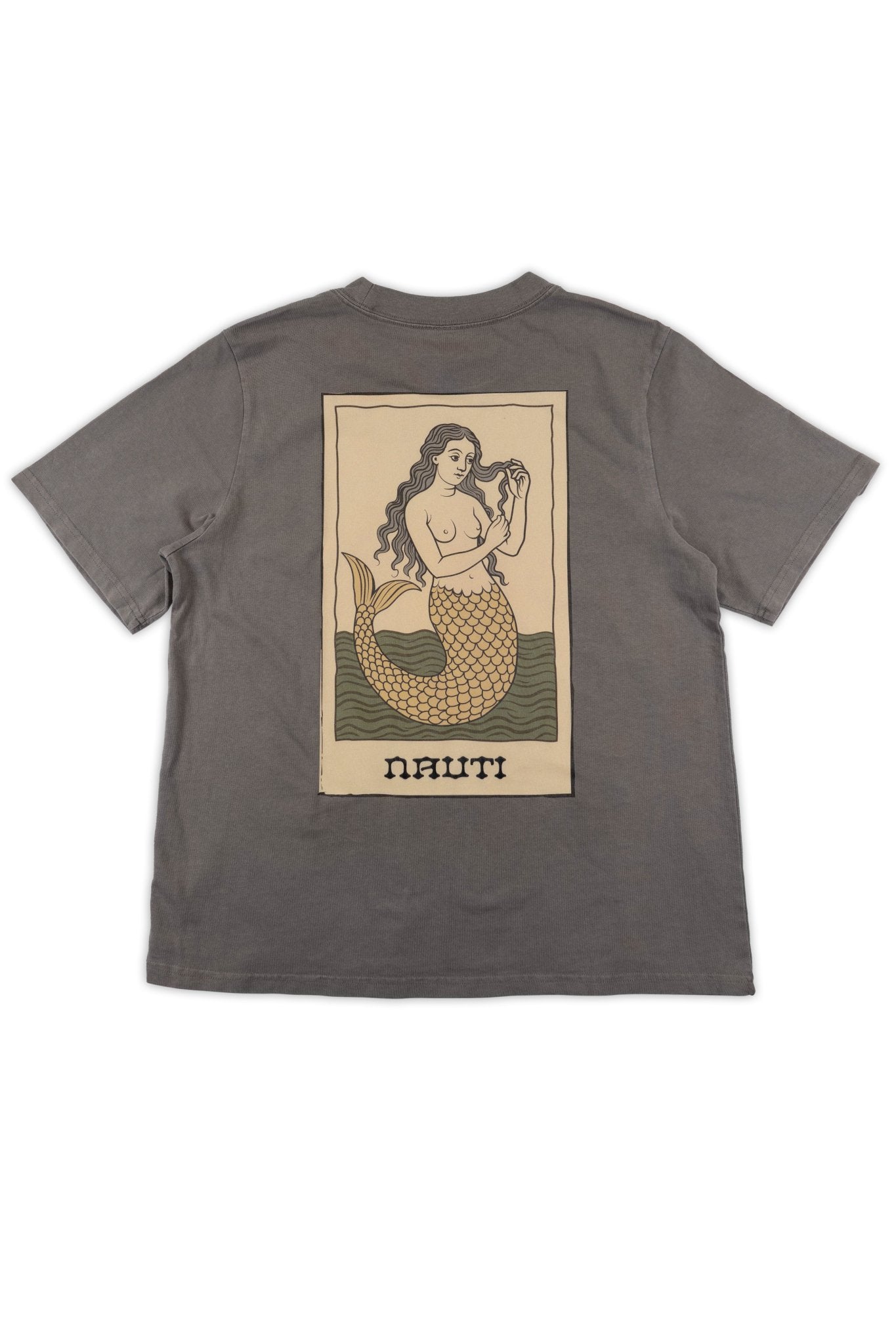 Gray t-shirt with a bohemian mermaid graphic and 'NAUTI' text on the back against a white background