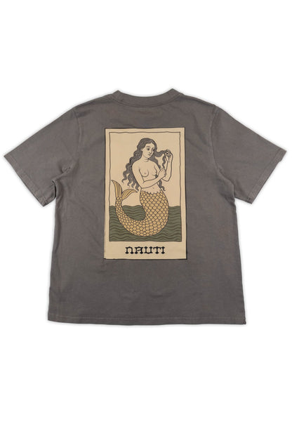 Gray t-shirt with a bohemian mermaid graphic and 'NAUTI' text on the back against a white background