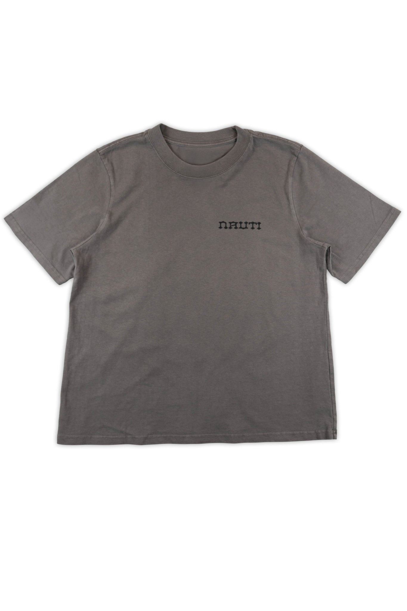 Gray t-shirt with the text Nauti on a white background