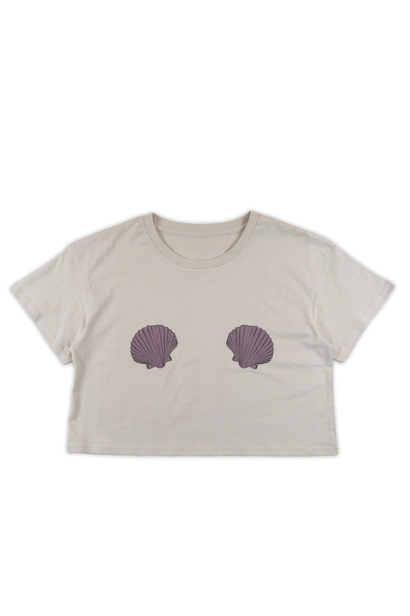 Beige crop t-shirt with purple shell designs on a white background