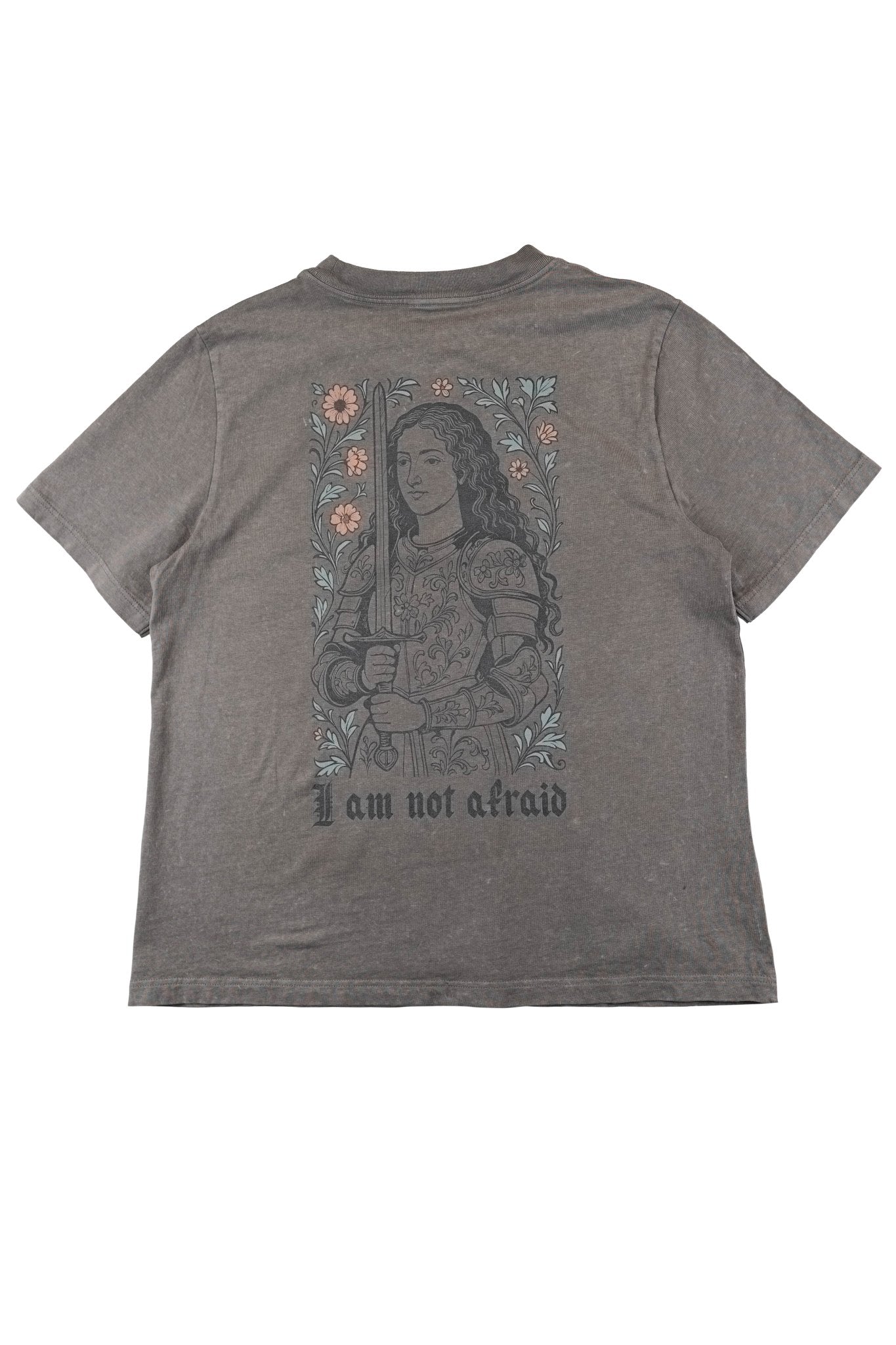 Gray t-shirt with a graphic design of a knight with the text "I am not afraid" on the back against a white background