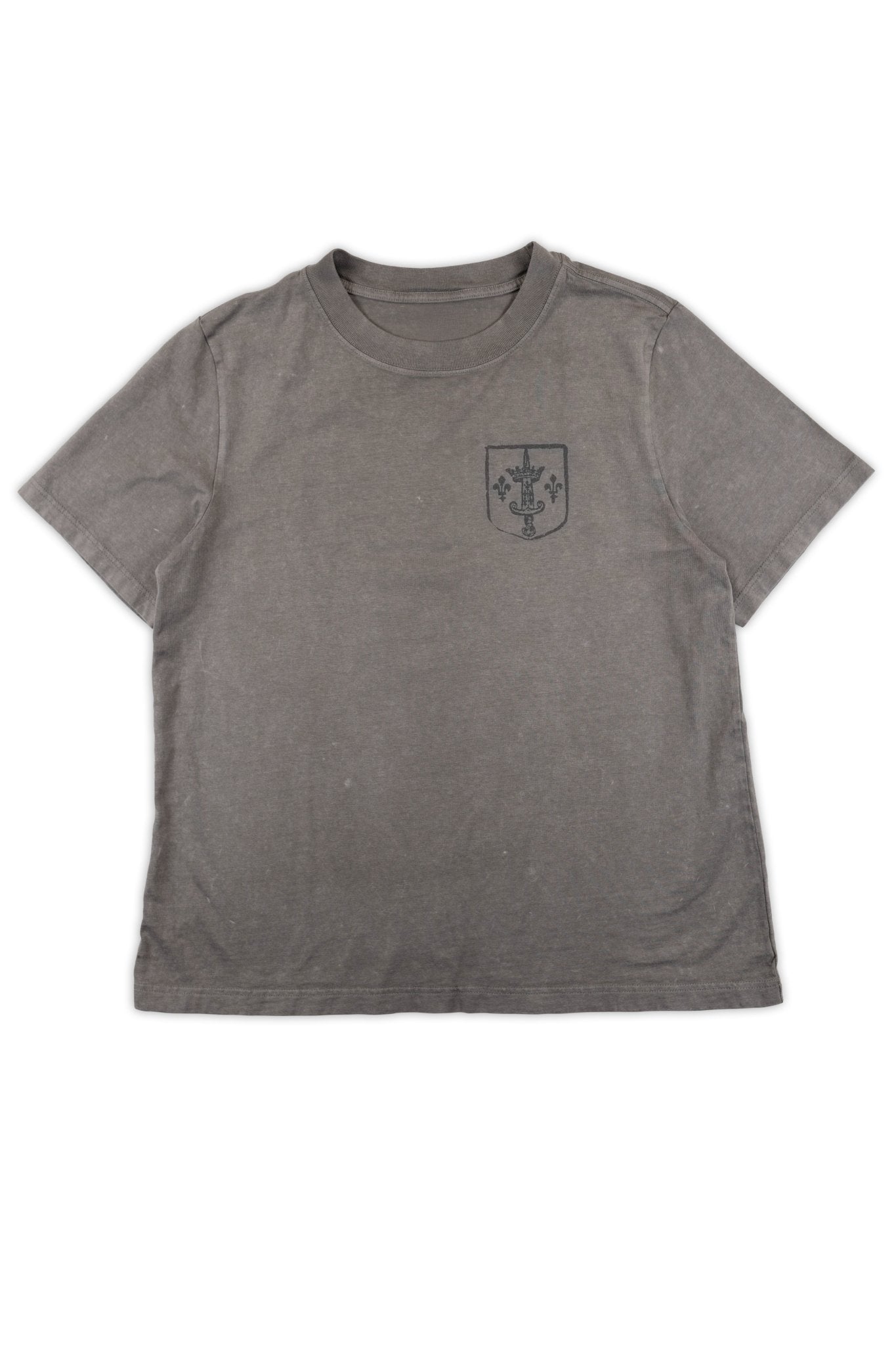 Gray t-shirt with a small logo on a white background