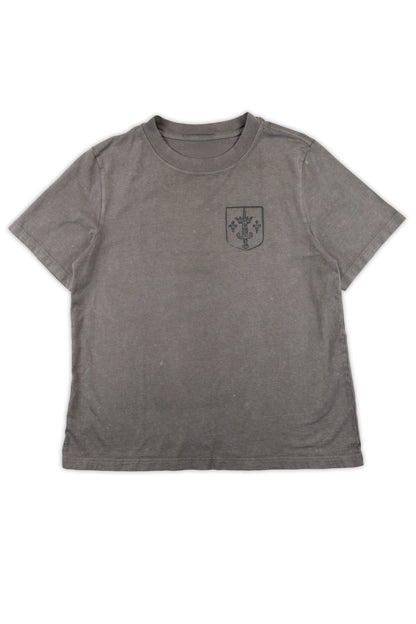 Gray t-shirt with a small logo on a white background