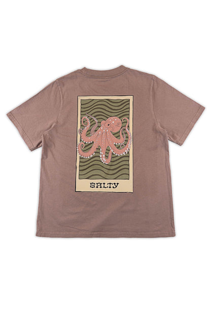 Faded pink t-shirt with an octopus graphic and 'Salty' text on a white background
