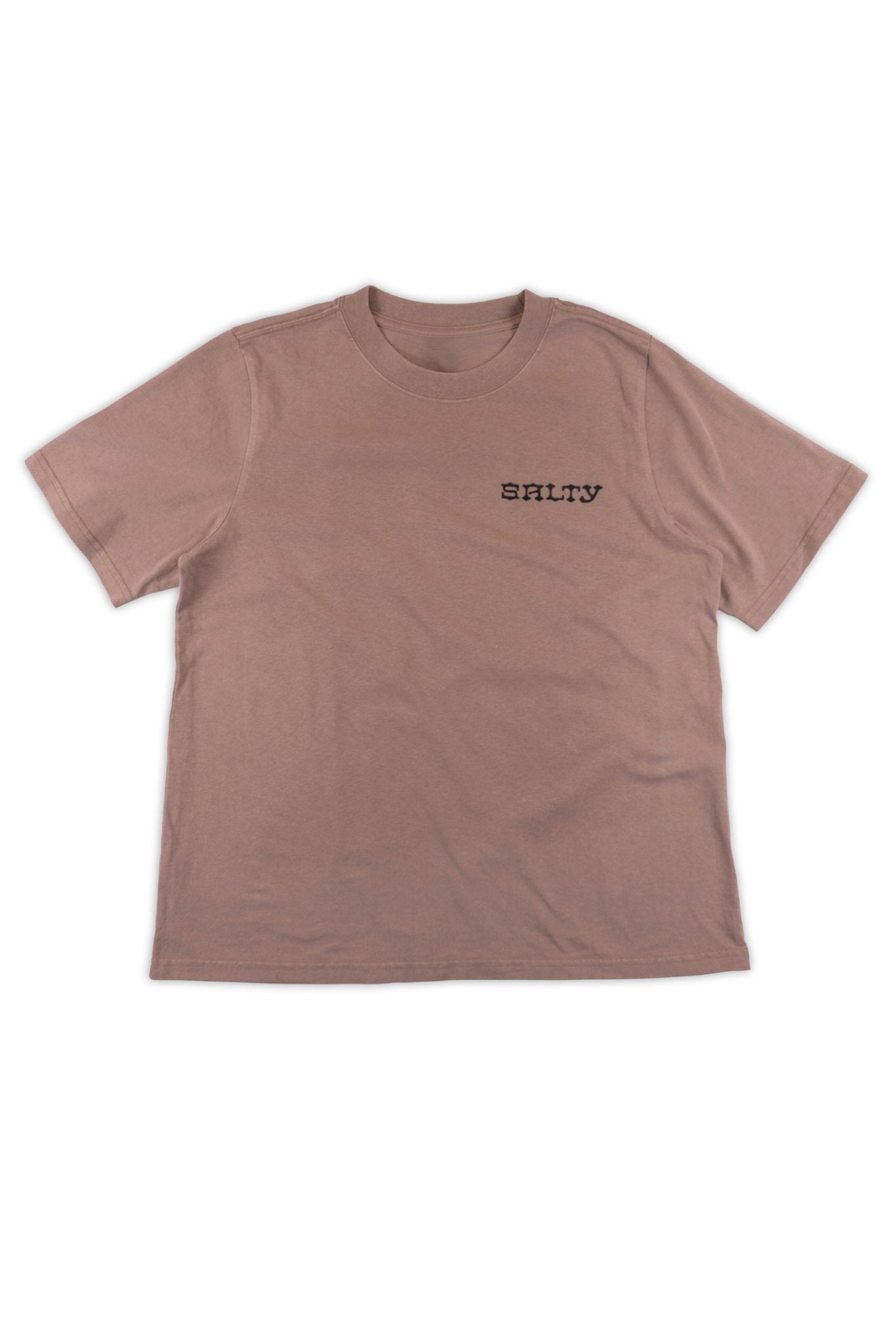 Faded pink t-shirt with 'SALTY' text on a white background