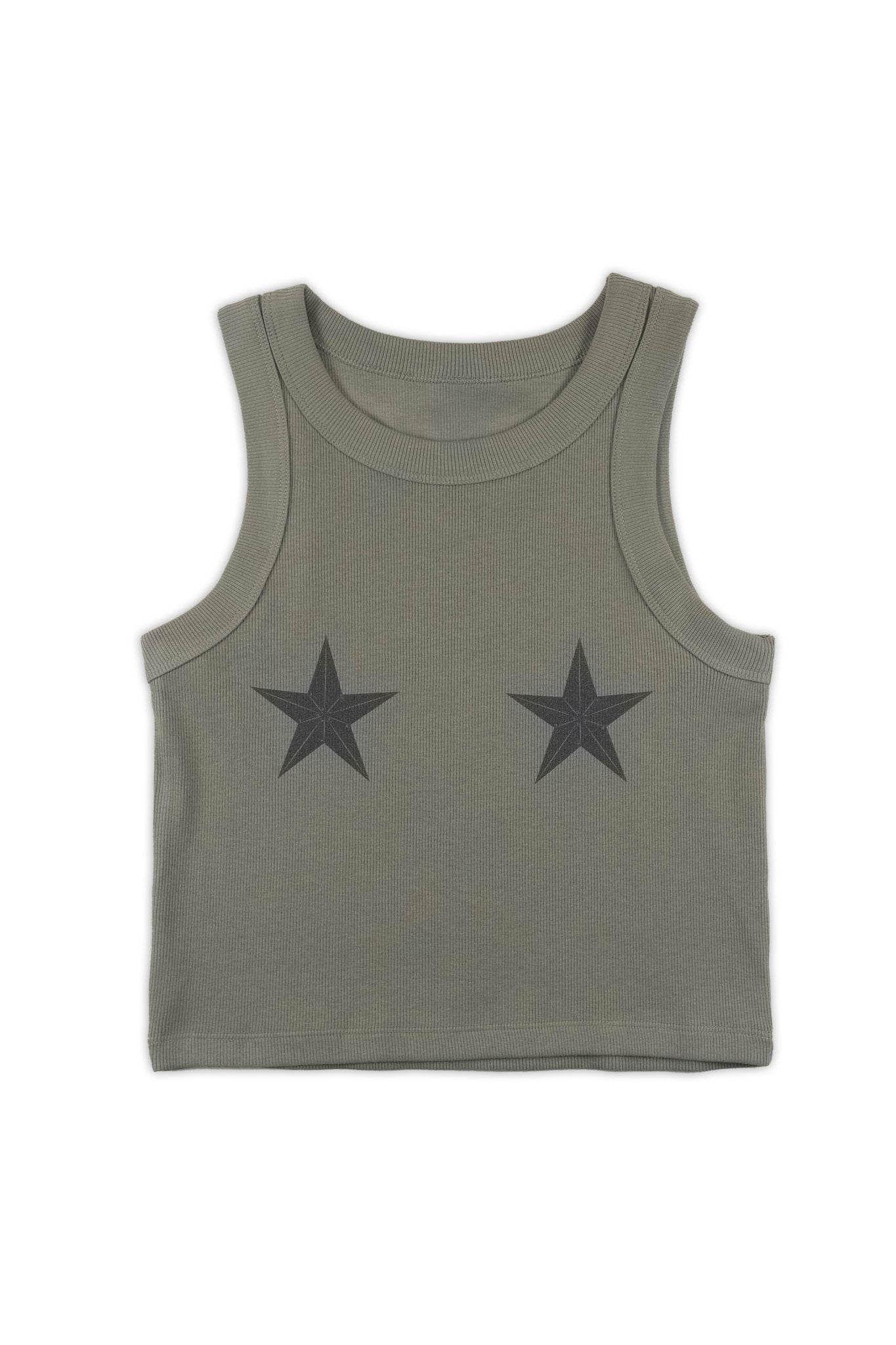 Green tank top with two black stars on a white background
