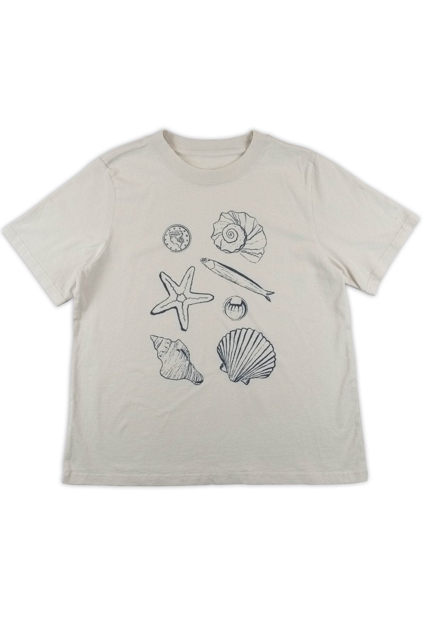 Beige t-shirt with black shell illustrations on a white background